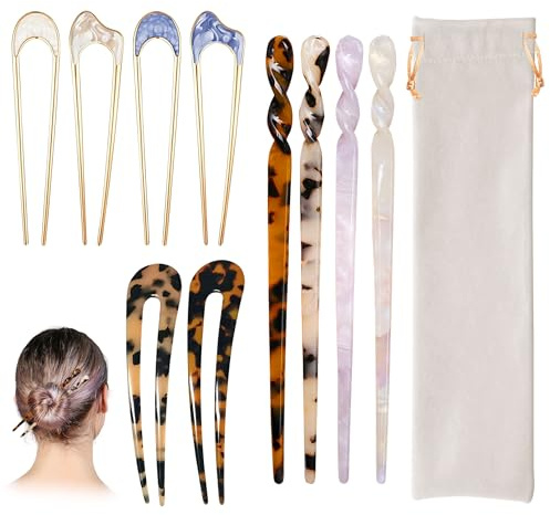 10 Stück Acetat Haarstab, Vintage Schildpatt Haarsticks, Chinesische Haarnadel Essstäbchen Retro Haarstäbchen U Förmige Haarnadeln Acetat Hair Pin für Frauen Haarstyling Zubehör