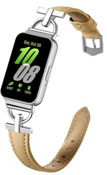 Metall+läderrem passform for Samsung Galaxy fit 3 Klocktillbehör Armband(Khaki)
