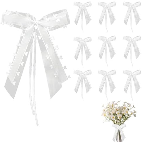 Azlanway Autoschleifen Hochzeit Deko Schleifenband mit Spitze und Herzen – 10 Stück Auto Deko für Brautauto, Geschenkverpackung, Tischdeko, Hochzeitsfeier, Geburtstag, Weihnachten, DIY Basteln