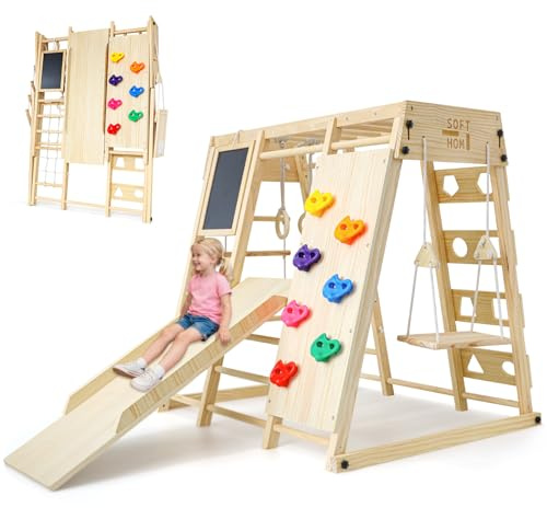 SOFTHOM Maxi Klettergerüst Indoor Montessori 10-in-1 Spielplatz für Kinder ab 1 Jahr, Klappbares Klettergerüst mit Tafel, Rutsche, Kletternetz, Multifunktions-Kletterset,Holz Kletterturm-Natur