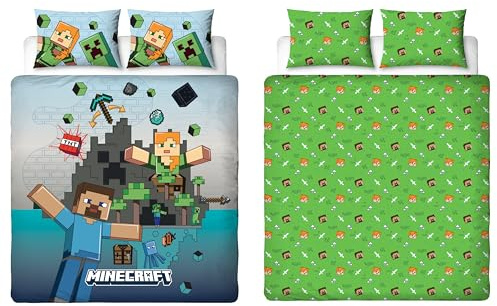 Set copripiumino matrimoniale ufficiale del film Minecraft di Character World | Biancheria da letto reversibile a 2 lati con design Levels e federe abbinate | Set letto matrimoniale