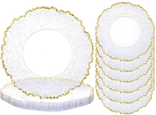 ejonirinjonir 6pcs Clear and Gold Charger Plates Set 13inch,Gold Chargers Heavy Duty Wave Design,Chargers for Dinner Plates With Textured Suitable for Wedding Afternoon Tea,Spring,Valentine's Day