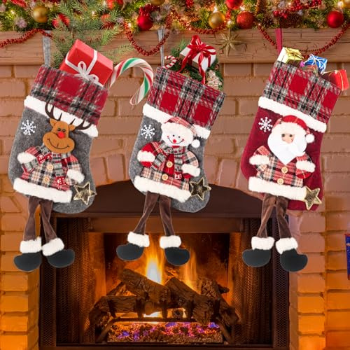 Phlognfy Weihnachtsstrümpfe Christbaumschmuck, Weihnachtsdeko Socken Set, Weihnachtsstrumpf Süßigkeiten Tasche, mit Schneemann Elch Weihnachtsmann Motive, für Weihnachtsbaum Dekoration Requisiten