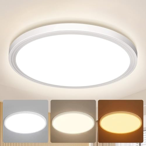 PQETBV Plafonnier LED Dimmable, IP44 Étanche Lampe de Salle de Bain Ronde Plate 24W 6000K 2000LM Lampe Simple Moderne Mince pour Salon Chambre Cuisine Balcon Couloir Sous-Sol Bureau