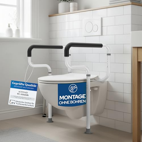 ACTIVAID - Sollevamento WC senza foratura, maniglia per WC, supporto per gli anziani, supporto per WC regolabile in altezza, rialzo per il sedile del WC con braccioli, WC per anziani (bianco)