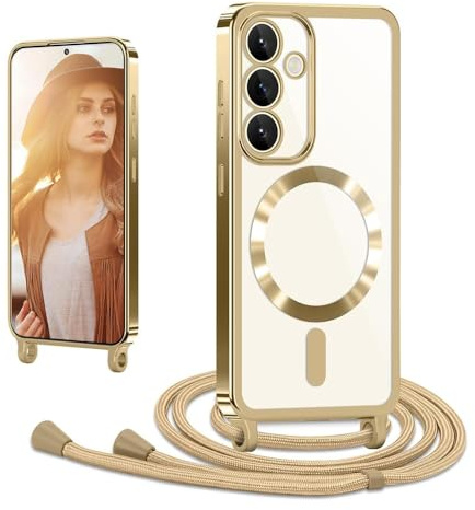 CaseLover Magnetische Handyband für Samsung Galaxy S25 FE 5G Hülle mit Band, Klare Silikon Necklace Handyhülle mit Kordel zum Umhängen Stossfest mit Kameraschutz Bumper Schutzhülle Case, Gold