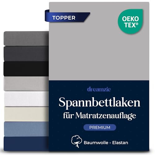 Dreamzie - Topper Spannbettlaken - 180x200 - Baumwolle Elasthan | Grau · Spannbetttücher Für Topper · Steghöhe 15cm · Oeko-Tex zertifiziert · Elastikband
