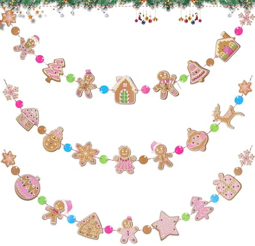 3 Stück Weihnachtsbanner, Weihnachtsdeko Girlande Papier, 3m Banner Weihnachten, Weihnachtsbanner Flaggen Weihnachtsbaum Papier Girlande, Lebkuchenmann Banner für Weihnachtsfeier Deko Party Wand