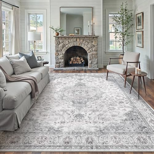 PureCozy Teppich Wohnzimmer 200x300cm Waschbarer Vintage Grau Tepich | Weich Kurzflor Groß Carpet, Rutschfest, Leicht, Schlafzimmer, Esszimmer, Büro, Kinderzimmer