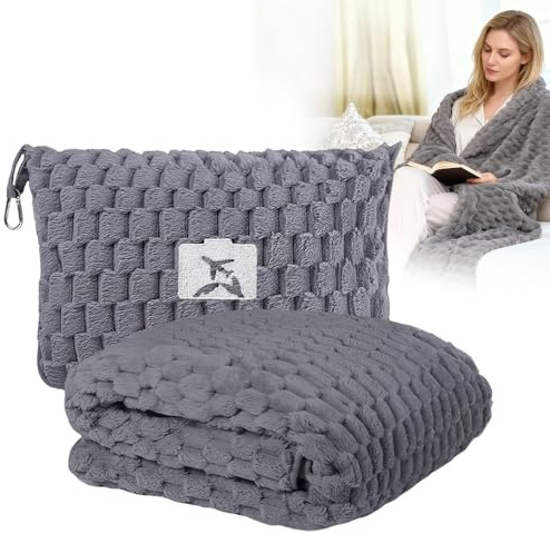 Wxeadu Reisedecke Kissen 2 in 1, 127 x 152 cm Weiche Flugzeugdecke, Flugzeugdecke mit Aufbewahrungstasche, Reisedecke Ultraleicht Warm, Reise Decke für Urlaub, Büro, Zuhause, Geschäftsreisen (Grau)