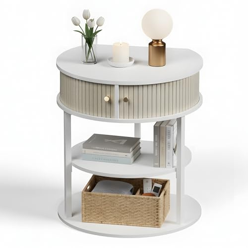 HULANAN Runder Beistelltisch Weiß mit Schublade 50x43x55 cm - Kleiner Couchtisch mit Stauraum & 4 Ebenen - Moderner Wohnzimmertisch aus Holz für Couch und Sofa - Einfache Montage