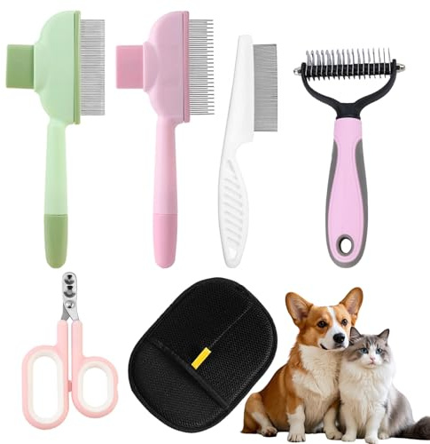 WhaleO Katzenbürste mit Einem Knopf, Tierhaarentferner Handschuh, Fellblitz Bürste Katze und Hunde, Flohkamm für Katzen und Hunde für Langhaar und Kurzhaar, Entfernt Lose Haare, Fördert Gesundes Fell