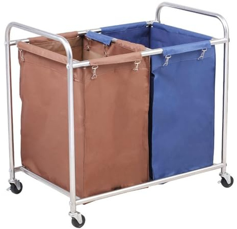 Carrello portabiancheria commerciale con ruote, capacità 400 l, grande cesto portabiancheria per 2 borse, acciaio inossidabile, capacità di carico 200 kg, carrello per biancheria resistente.