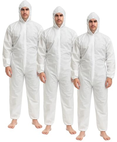 Disposable Boiler Suit, Hazmat Suit Disposable Coverall Heavy Duty Full Body Painters Suit for Men & Women Protection Suit Elasticated hood Cuffs and Ankles (Pack of 3)