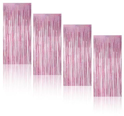 Glitzervorhang Lametta Vorhang Rosa, Geburtstagsdeko - 4 Stück Glitzer Folienvorhang 1×2m, Glitzer Vorhang, Partydeko für Geburtstag Einschulung Kpop (Rosa)
