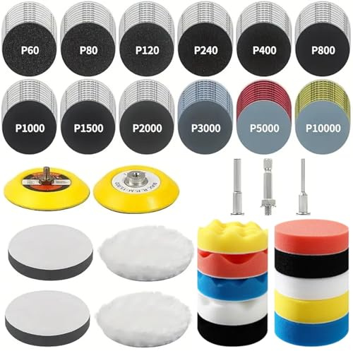 Lot de 200 disques abrasifs de 50 mm - Kit de papier abrasif pour phares - Tampons abrasifs secs et humides et tampon de polissage avec grain 60-10000 - Pour visseuse sans fil Dremel - Accessoires