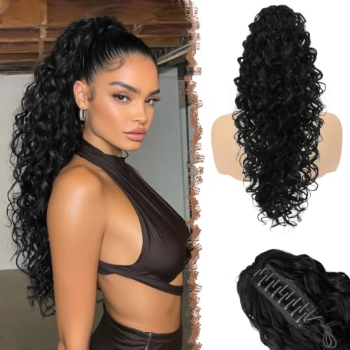FESHFEN Coda Capelli Ricci Extension con Pinza - Lunghi Ondulata Nero Coda Finta Capelli Sintetici Posticci Ponytail Extensions Coda di Cavallo per Donna, 65 cm