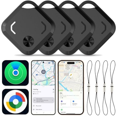 Reyke localizzatore Bluetooth, Smart Tag e Portachiavi per Chiavi, Bagagli e valigie, Impermeabile IP66, per Portafoglio, Compatibile con iOS e Android, Nero, Confezione da 4 Pezzi