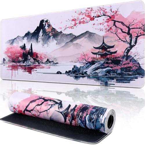 Flyicloud Japanische Mauspad XXL 80 x 30cm mit Rosa Kirschblüten-Motiv | Rutschfeste Schreibtischmatte, Großes Gaming & Tastaturpad für Home Office – Verbessert Präzision & Geschwindigkeit