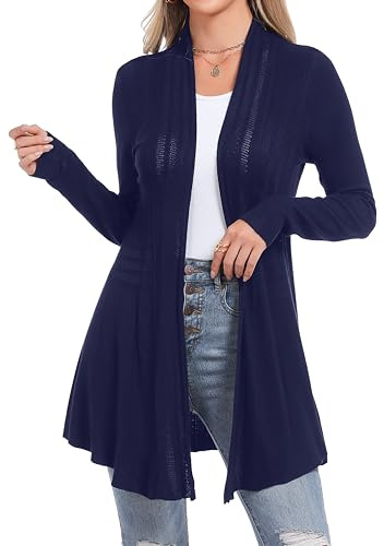 Sykooria - Cárdigan largo y fino de punto, amplio, cómodo, para mujer azul marino Large