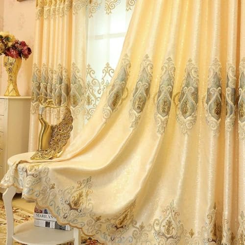 MYRU European Style Gold Curtains - Room Darkening Luxury Cloth Curtains for Living Room and Bedroom (2 Panels, W66xL84 Inch)