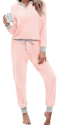 Aseniza Pyjama Femme Hiver Coton Ensembles de Pyjama Femmes Chauds Manches Longues Vêtements de Nuit Couleurs Contrastées Ensemble Pyjamas Tenue de Nuit Vêtements de Détente Loungewear Rose M