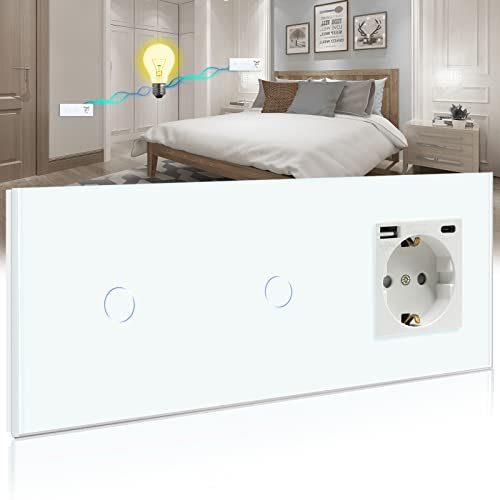 BSEED Doble Interruptor táctilr con Enchufe USB,Schuko Enchufe con 1 Puerto Tipo C y 1Puertos USB,1 Gang 2 Vías Interruptor de Luz con indicador LED,Blanco Enchufe de pared para Smartphone,Tableta