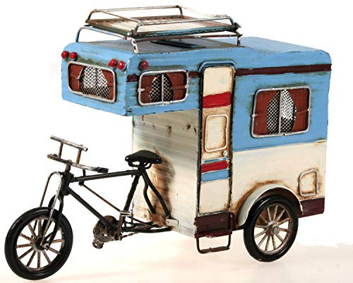 Wohnwagen Fahrrad Metall 26 cm mit Spardose und Bilderrahmen Camper Oldtimer Nostalgie Wohnwagen Sparbüchse Velo Rad Vintage Auto Caravan Camping Reise Gutschein