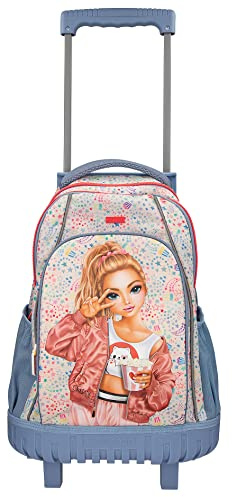 Depesche 12390 TOPModel Cutie Star - Schulrucksack Trolley in Jeans-Blau mit Model-Motiv und Sternchen-Muster, Ranzen mit 28 l Volumen, Teleskopgriff, Rädern uvm.