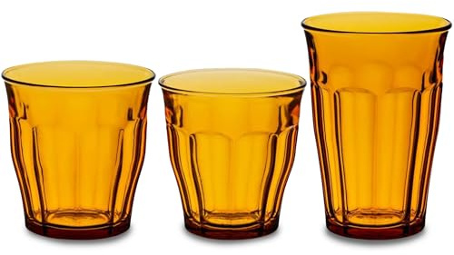 Duralex Made In France Picardie 18-Piece Glass Drinking Set, Amber: 6 x 8oz, 6 x 10.375oz, 6 x 12.125oz Tumblers