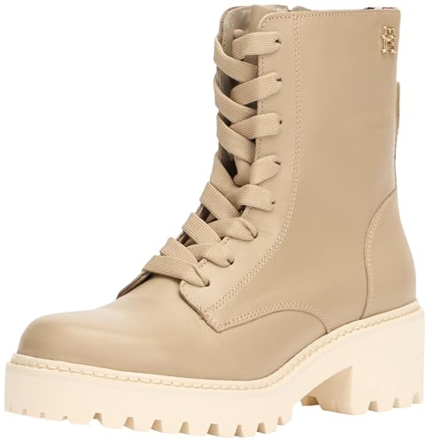 Tommy Hilfiger Donna Stivali Mezza Gamba Chic Mid Heel Leather Lace-Up con Tacco, Beige (Beige), 36