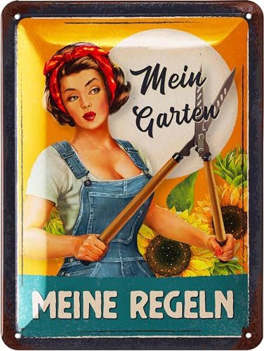 LANOLU Retro Blechschild Mein Garten, meine Regeln - Blechschilder Garten mit Sprüchen - nostalgische Dekoration als Gärtner Geschenke - retro Deko vintage Metallschild Garten, 15x20cm
