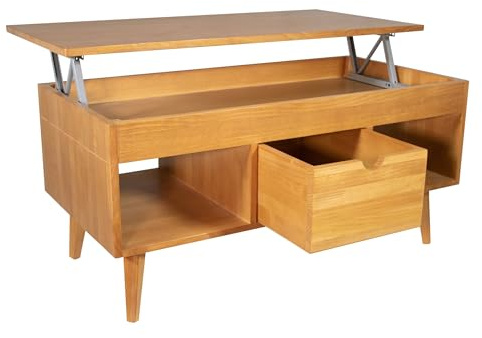 LoMasCasa Couchtisch, Modell Karla 31, höhenverstellbar, mit zentraler Schublade, massives Kiefernholz in Kirschbaumfarbe, konische Beine, Maße 100 x 50 x 47 cm