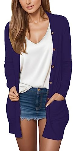 Cárdigan de punto para mujer elegante chaqueta suéter monocolor cárdigan fino suéter con bolsillos chaqueta de entretiempo chaqueta tradicional casual cárdigan largo, C-lila., XXL