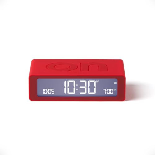 Lexon Flip Mini Reisewecker, digitaler LED-Wecker mit On/Off-Funktion, Einstellbarer Helligkeit, wiederaufladbar und berührungsempfindlich, ideal als Nachttisch-Wecker - Rott