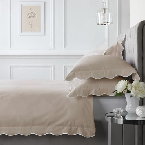 Appletree naturligt påslakan för kammussla, king size (230 x 220 cm) – 100% bomull – 200 trådtäthet – 2 örngott – rufsigt sängkläder med volang – mjukt neutralt påslakanset – Boutique hotellstil