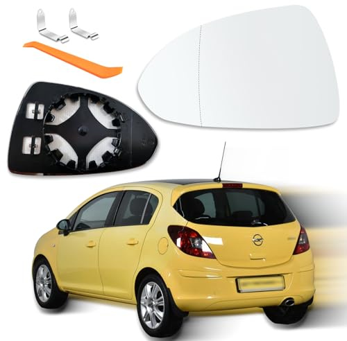 Vetro Specchio Retrovisore Sinistra Sostituzione per Op el Corsa D 07.2006-08.2014 Corsa E 09.2014-06.2019 Riscaldabile Lente Specchietto Esterno con Piastra di Supporto e Accessori