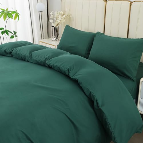 DECODEKO Juego Funda Nórdica 4 Piezas para Cama 150 - Funda Nordica 240x220cm, Bajera 150x200cm, 2 Fundas Almohada 50x75cm, Color Verde Oscuro, Microfibra Suave Transpirable