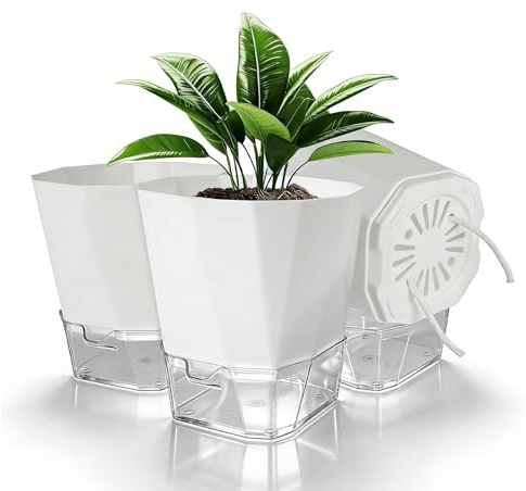 Romon Maceta Autorriego, Maceteros Decorativos Interior Resistentes con Diseño De Doble Capa, Set De 3 Redonda Macetero Exterior con Ventana De Nivel De Agua, Macetas Decorativas, Blanco, ø 15.2cm