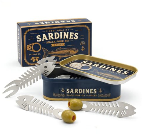 CKB LTD Sardine Snack Fork Set in Tin – Set of 6 Stainless Steel Fishbone Forks for Tapas, Olives & Escargot – Retro Sardines Tin Gift – Cocktail Picks for Seafood, Appetisers & Party Serving