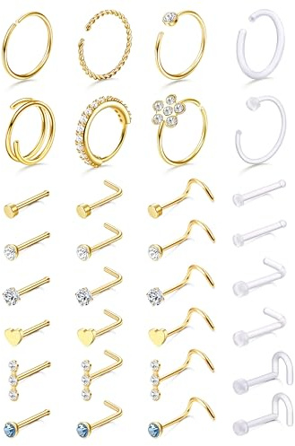 Diamday 32 Piezas Piercing Nariz Mujer Hombre Acero Quirúrgico Hipoalergénico Oro 14K Clavo Nasal Transparente de Acrílico Forma L Recta y Espiral Piercing Nostril Hélice Trago Joyería Corporal 18G