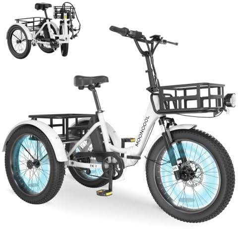 MOONCOOL Elektro Dreirad Erwachsene, 20 Klappbares E-Trike mit Großen Körben, 36V 20Ah Akku & 250W Motor (45Nm), Fatbike E-Bike Herren Damen bis 204kg, 3 Fahrmodi (Mondperle)