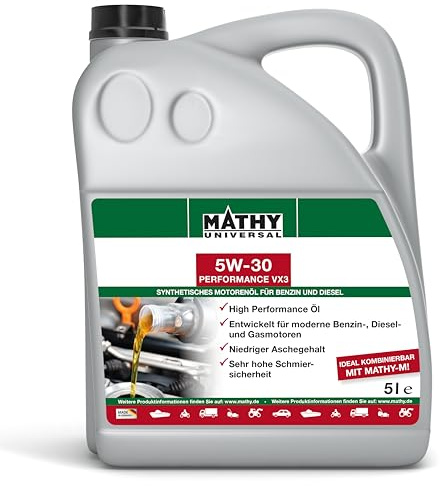 MATHY Motoröl SAE 5W-30 Performance VX3, 5 Liter, Synthetisches HC-Motor-Öl | Speziell für moderne Diesel-, Benzin- und Gasmotoren, aschearmes Leichtlauföl, Sehr geringer Phosphor- & Schwefelgehalt