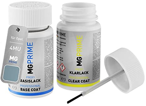 MG PRIME Autolack Lackstift für Opel 4MU / 21C Aeroblau Metallic + Klarlack | Bleu Aero Metallic, Set aus Basislack + Klarlack, Lackfläschchen mit Pinsel, je 50ml