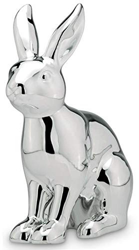 große Deko Hasen Figur Porzellan ca. 21.5 cm - glänzender sitzender Osterdeko Hase - silberner Osterhase Frühjahresdeko zum hinstellen