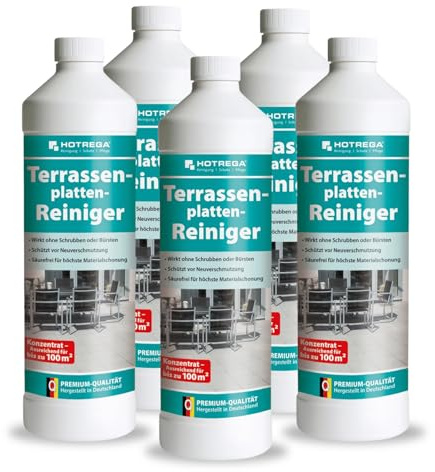 HOTREGA Terrassenplatten Reiniger 5L | Steinreiniger für Naturstein & Beton | Selbsttätiger Terrassenreiniger Konzentrat | Entfernt Stockflecken & Verfärbungen | Für Treppen, Mauern & Außenbereiche