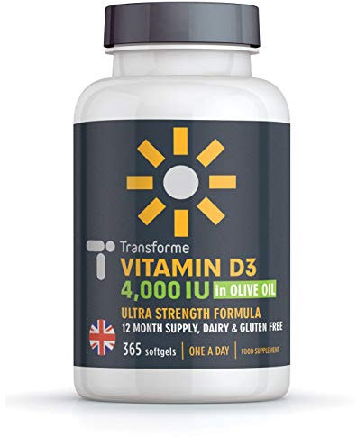 Transforme Vitamin D3 4000 IU in Olive Oil, 365 Capsules 1 Year Supply, Maximum Strength High Absorption Softgels, Easy to Swallow Quadruple Strength Vitamin D Cholecalciferol - Not Tablets