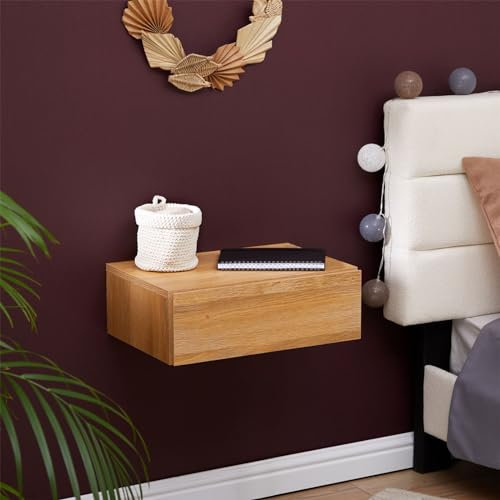 CARO-Möbel Hängender Nachttisch Anne mit Schublade in Wildeichefarben - griffloses öffnen & platzsparend durch Wandmontage, robuste Spanplatte