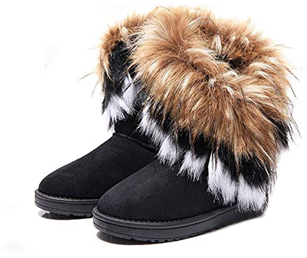 King Ma Women's Faux Fur Tassel Winter Snow Boot Suede Flat Ankle Boots (black, numeric_10)