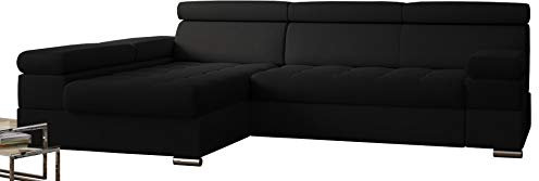 PAOLO Ecksofa Schlaffunktion, Eckcouch mit Bettkasten, Freistehendes Schlafsofa, L-Form Ecksofa, Schlafsofa mit bettfunktion, L-Form Sofa (Schwarz + Schwarzer Kunstleder (EKO)